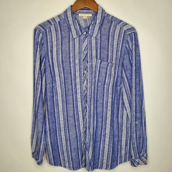 Cooper & Ella Womens Linen Blend Blue Striped Button Front Blouse Size M Pocket - Picture 1 of 9